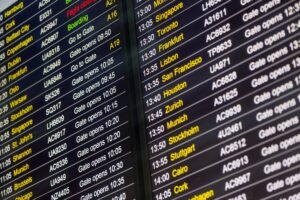 Departure board, Heathrow airport, London, UK
